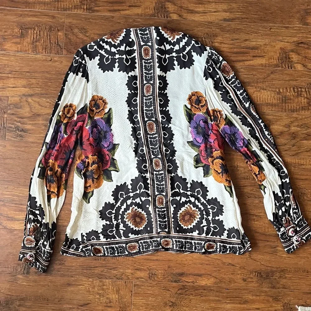 FARM Rio Cream Floral V-Neck Blouse with Red, Purple & Orange Accents